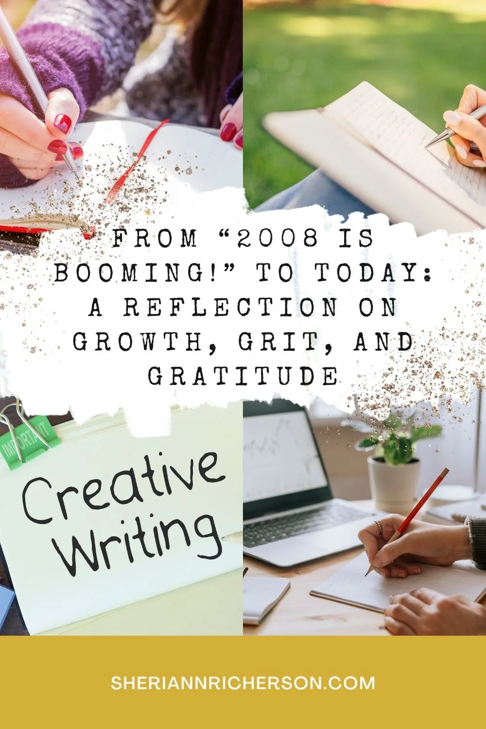 Hands writing in notebooks surrounded by cozy creative spaces, symbolizing reflection and writing growth through the years.