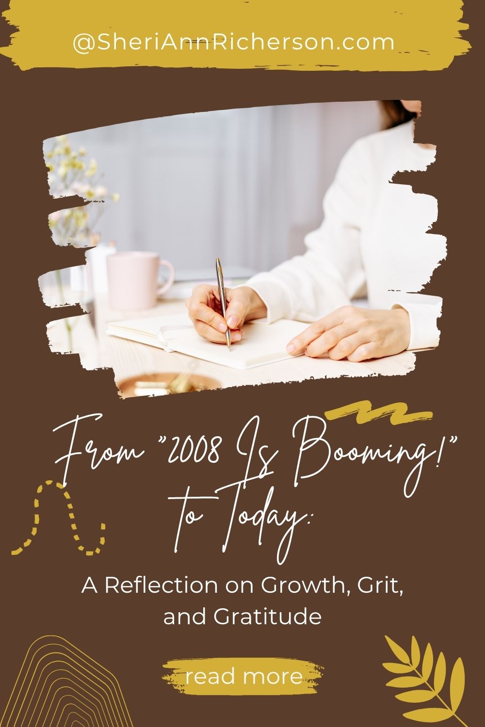 Woman writing in a journal with a cup of coffee nearby, framed by warm brown and gold tones with modern text overlay.