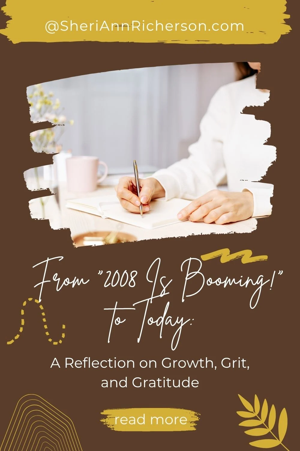 Woman writing in a journal with a cup of coffee nearby, framed by warm brown and gold tones with modern text overlay.