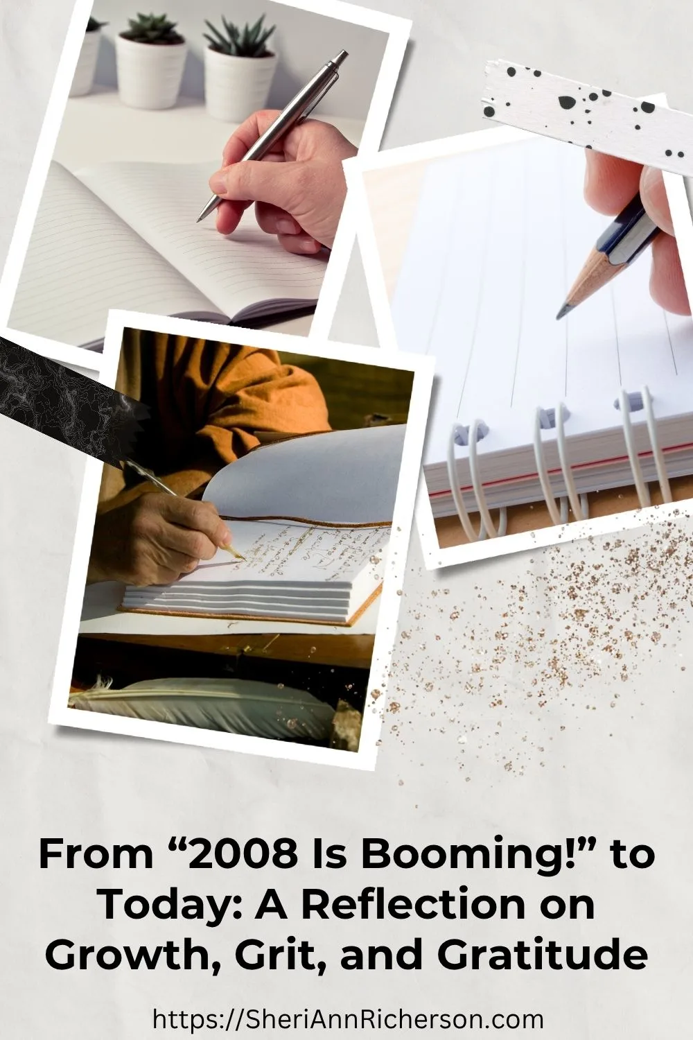 Close-up photos of people writing in journals, layered collage style with washi tape accents, representing creative reflection.