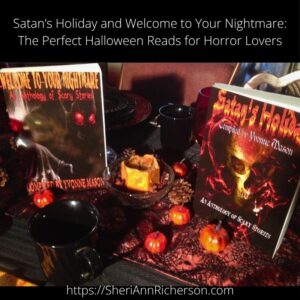 Photo featuring Satan's Holiday and Welcome to Your Nightmare horror anthologies by Yvonne Mason, displayed on a Halloween-themed table with candles, pumpkins, and coffee cups.