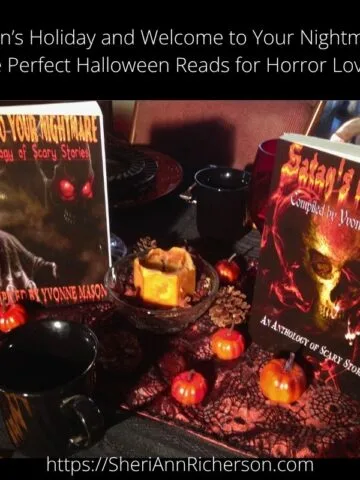 Photo featuring Satan’s Holiday and Welcome to Your Nightmare horror anthologies by Yvonne Mason, displayed on a Halloween-themed table with candles, pumpkins, and coffee cups.
