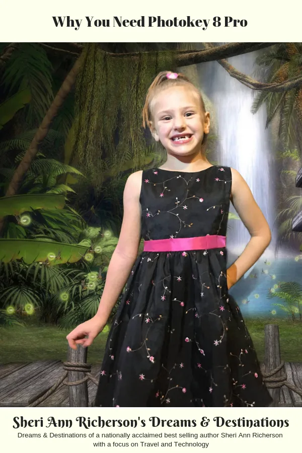 This photo of my granddaughter was taken with her standing in front a green screen. The background was changed using Photokey 8 Pro.
