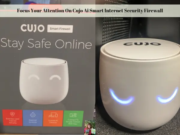 The first photo shows Cujo Ai Smart Internet Security Firewall in the box and the second photo shows it working.