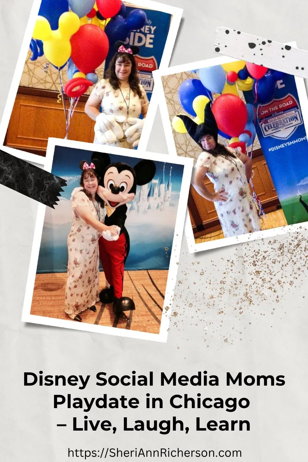 Sheri Ann Richerson enjoying Disney props and dancing with Mickey Mouse at the Chicago Social Media Moms Playdate. 