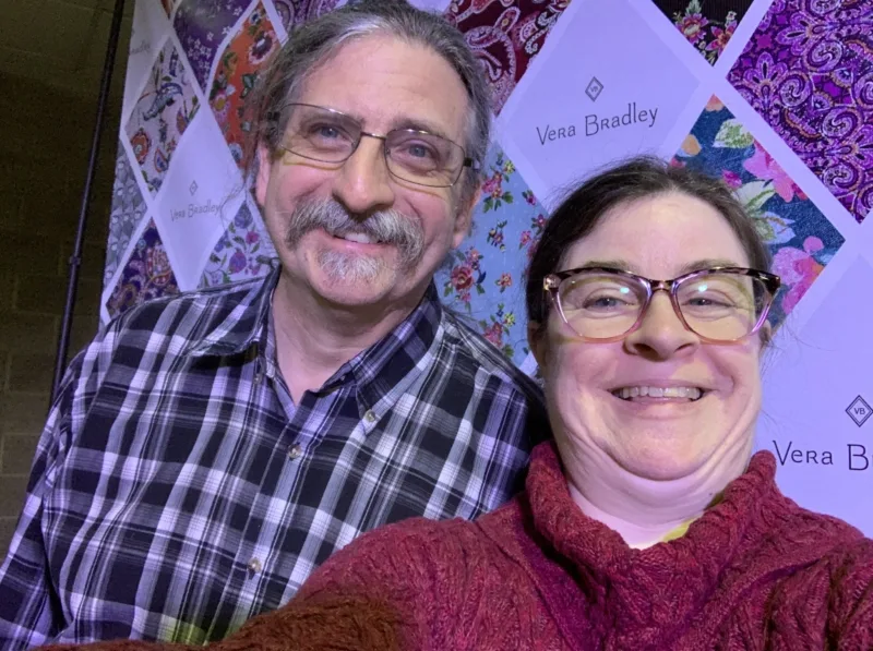 Posing in front of the fabric wall after leaving the Vera Bradley Outlet Sale.