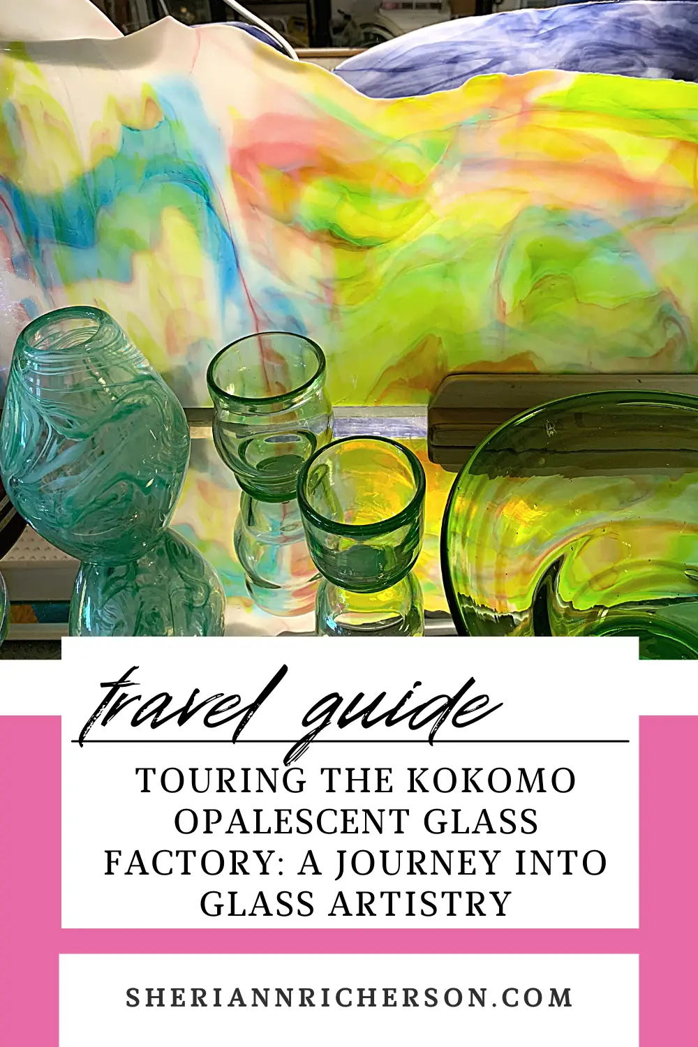 Stained glass and blown glass cups and vases.