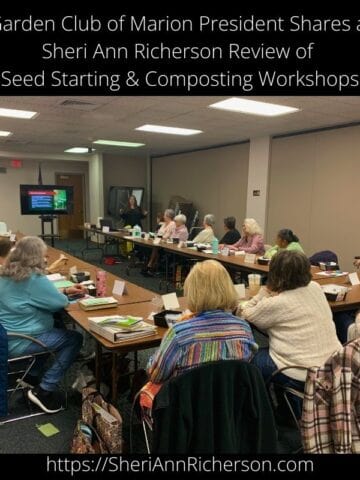 Sheri Ann Richerson teaching gardening workshops to the Garden Club of Marion, with attendees seated around a large table listening to her presentation.