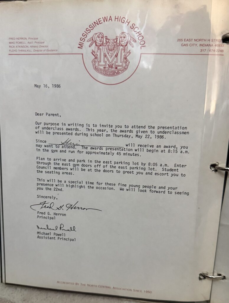 May 16, 1986 school letter notifying Sheri Richerson's parent that she would receive an underclass award