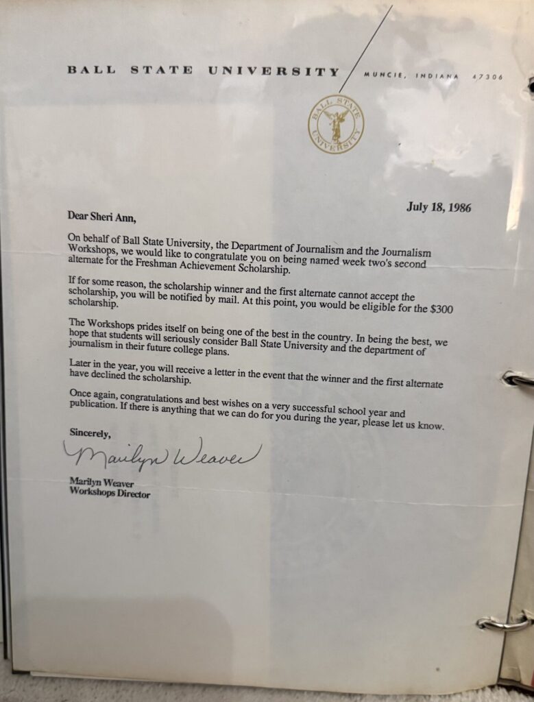 July 18, 1986 Ball State University letter naming Sheri Richerson second alternate for a Freshman Achievement Scholarship
