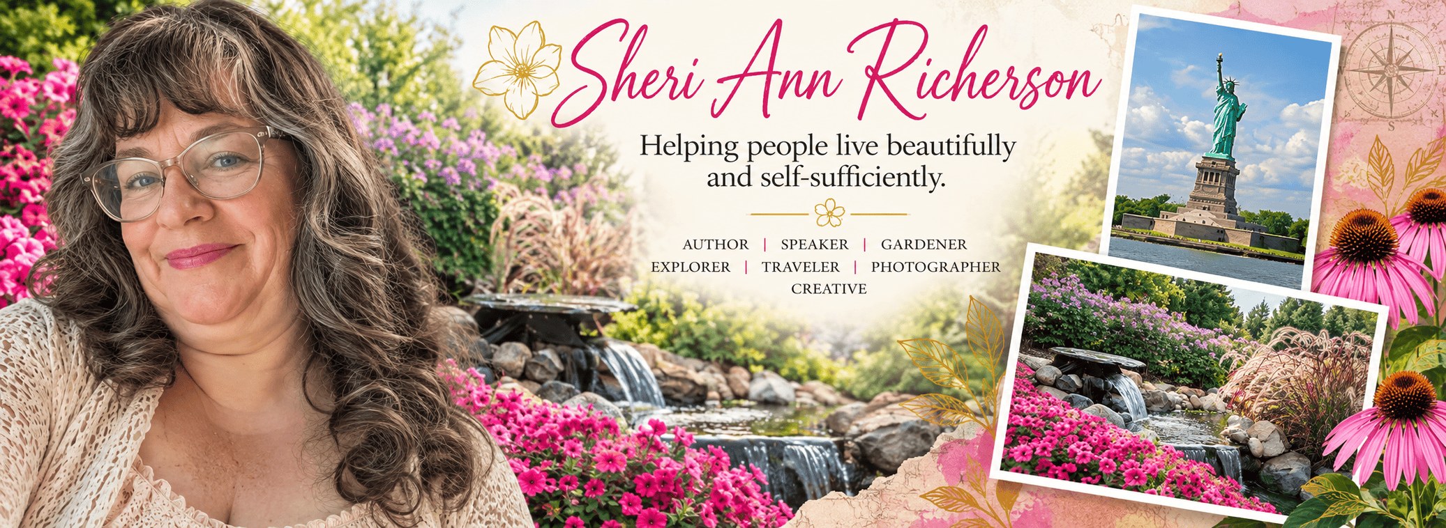 Sheri Ann Richerson homepage collage featuring Sheri, gardens, travel photography and her creative work.