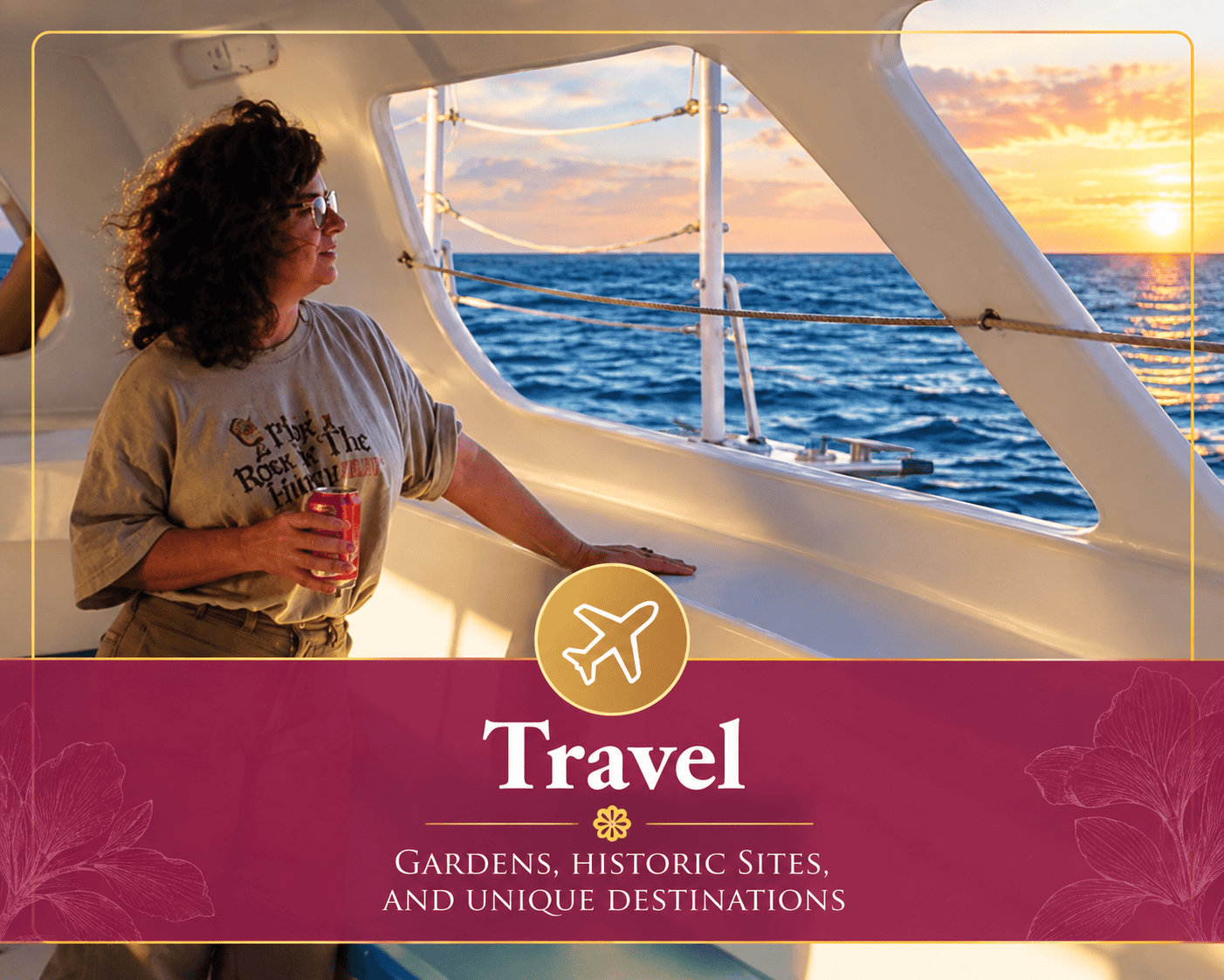 Sheri Ann Richerson aboard a boat at sunset for the Travel section of her website.