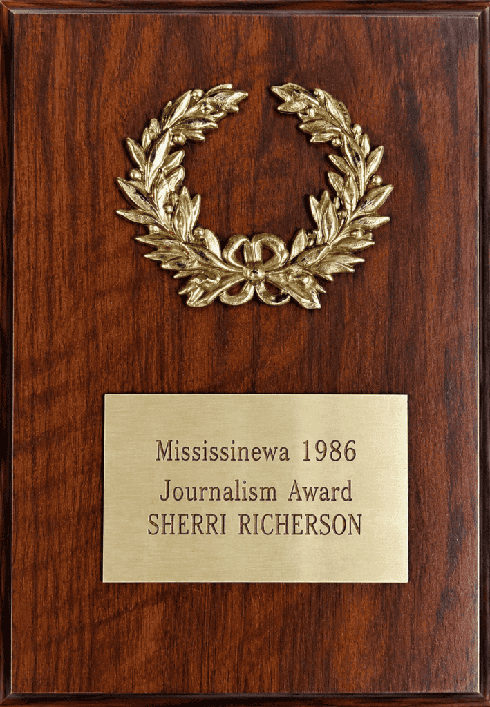 1986 Mississinewa Journalism Award plaque presented to Sheri Ann Richerson, with her first name misspelled Sherri on the original plaque