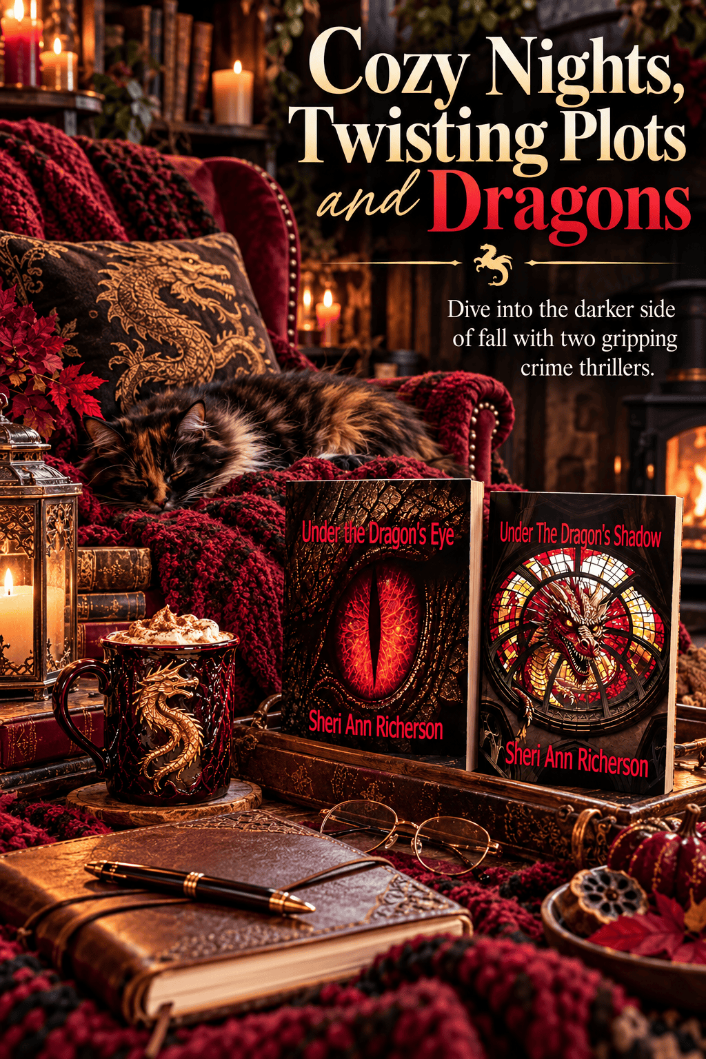 Cozy fall reading scene featuring Under The Dragon's Eye and Under The Dragon's Shadow by Sheri Ann Richerson