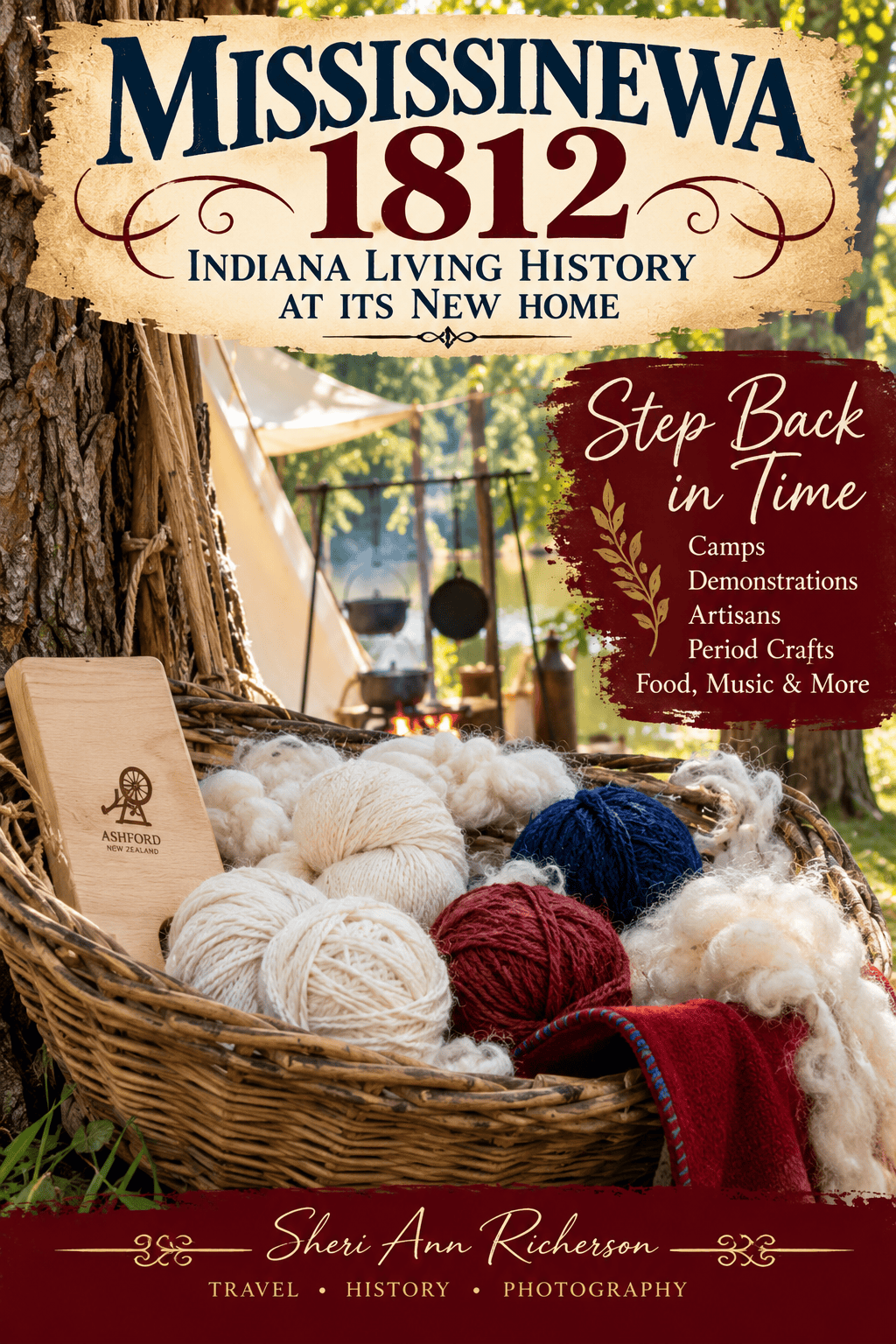 Basket of wool and yarn at a Mississinewa 1812 living history camp