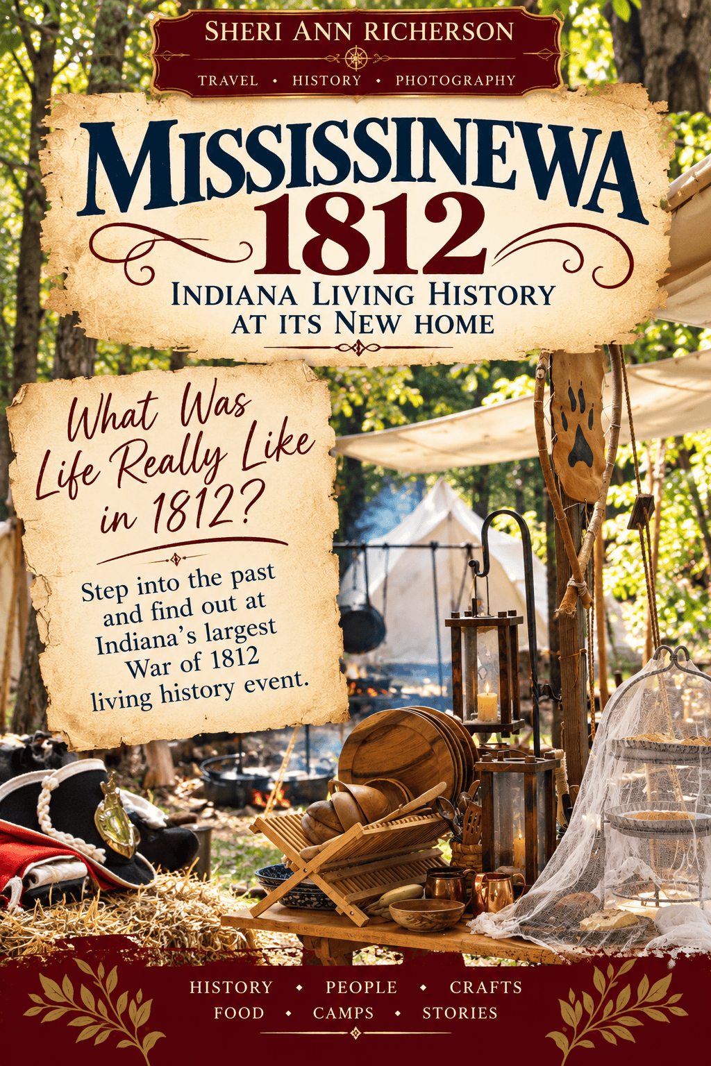 Period camp kitchen and household tools at Mississinewa 1812 living history event