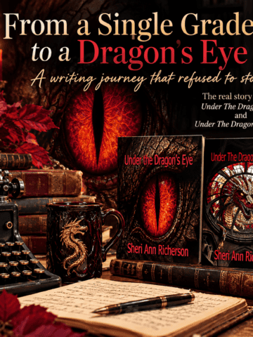 Under The Dragon's Eye and Under The Dragon's Shadow by Sheri Ann Richerson with a typewriter, candles and dragon imagery
