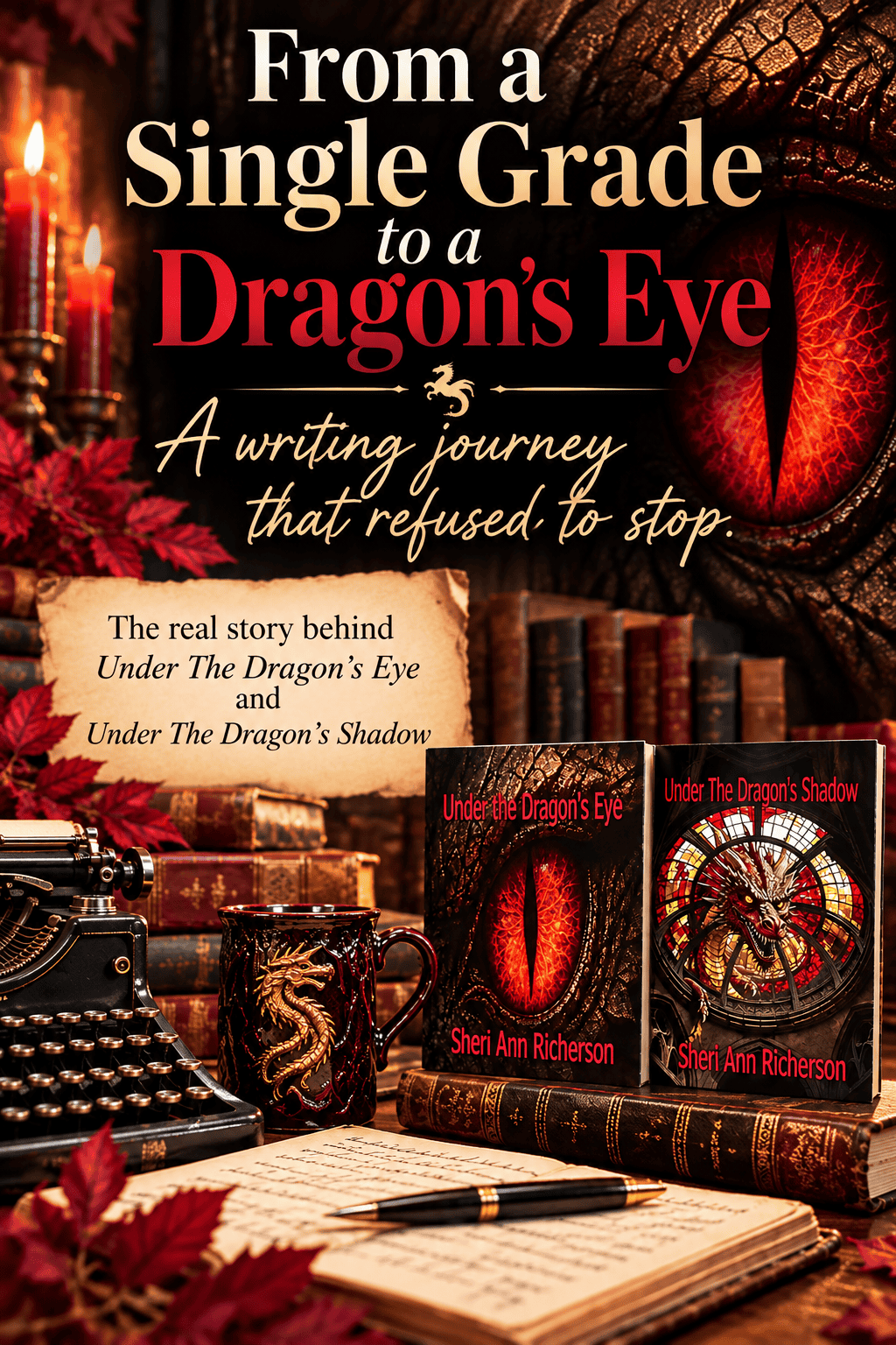 Pinterest graphic about Sheri Ann Richerson's writing journey behind Under The Dragon's Eye and Under The Dragon's Shadow
